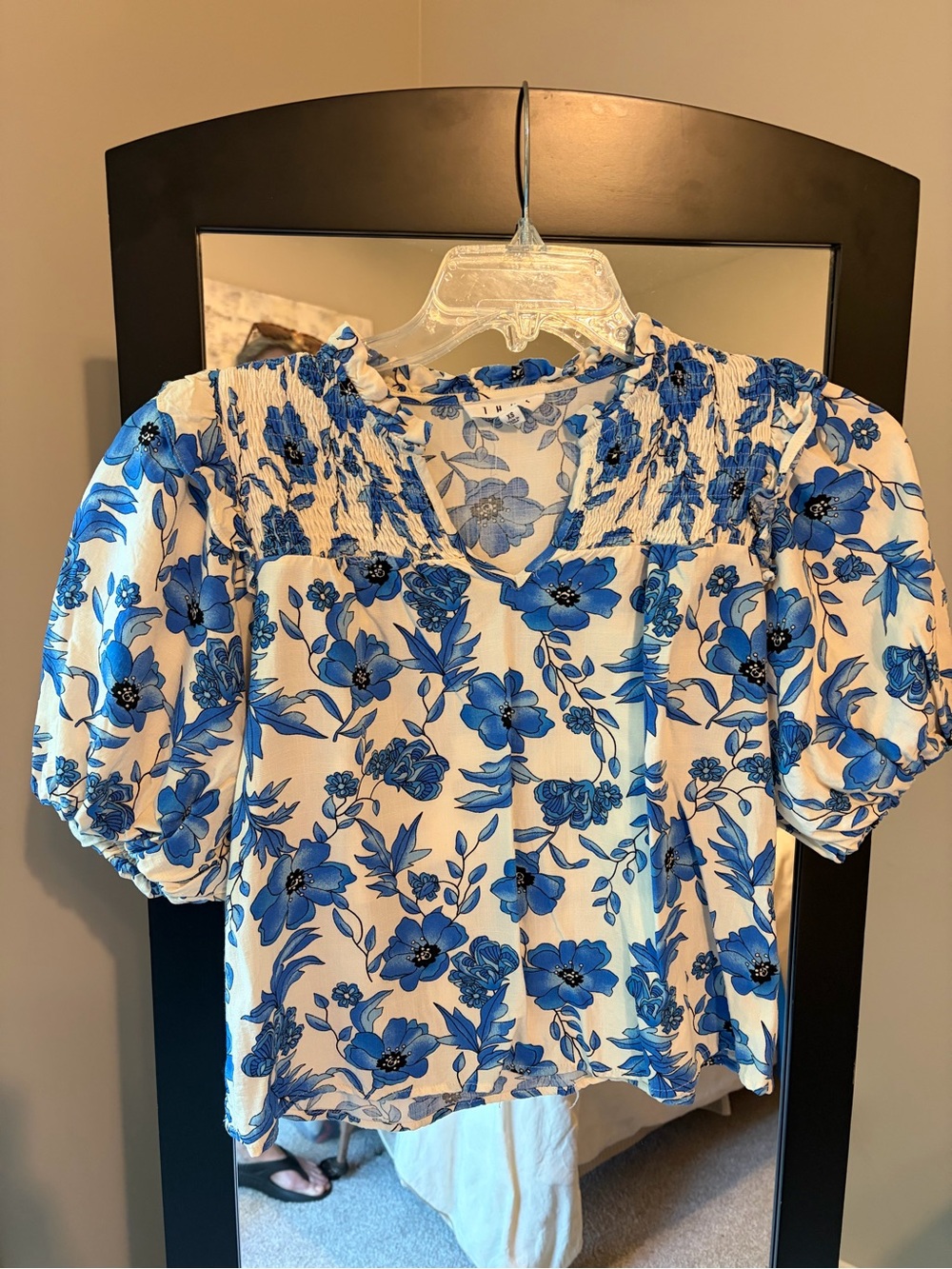 THML White Blouse with Blue Floral Print and Puff Sleeves